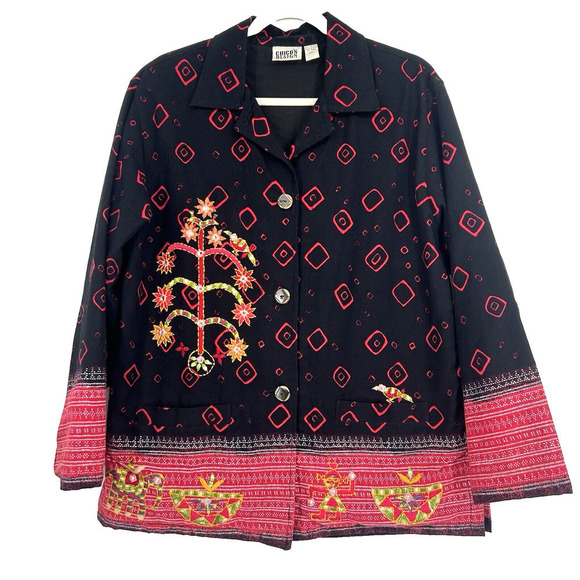 Vintage Chicos Designs Jacket Black Red Embroidered Mixed Media Artsy Size 1 M - Picture 1 of 12